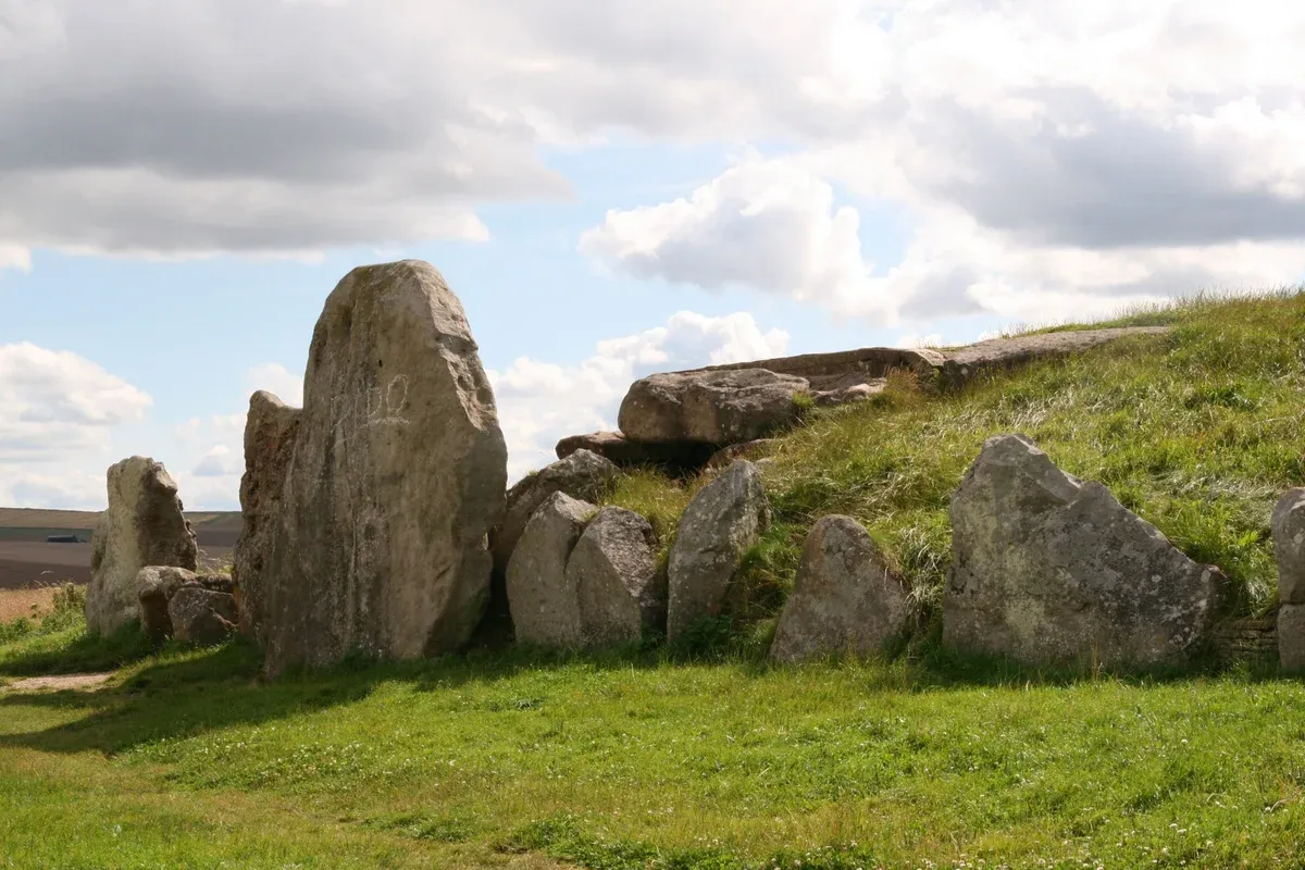 The sarsen entrance of the West Kennet Long Barrow, on the Stonehenge and Avebury tour from London, Wiltshire